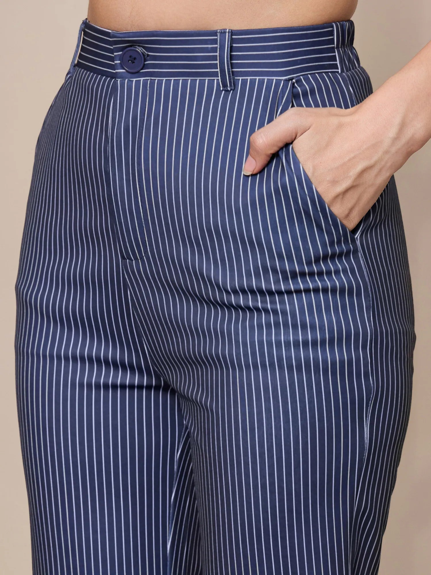 Navy Striped Straight Fit Trousers - Women's Stylish Bottoms