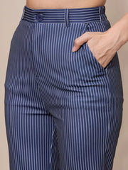Women Navy Striped Straight Fit Trousers-SFPANT50901