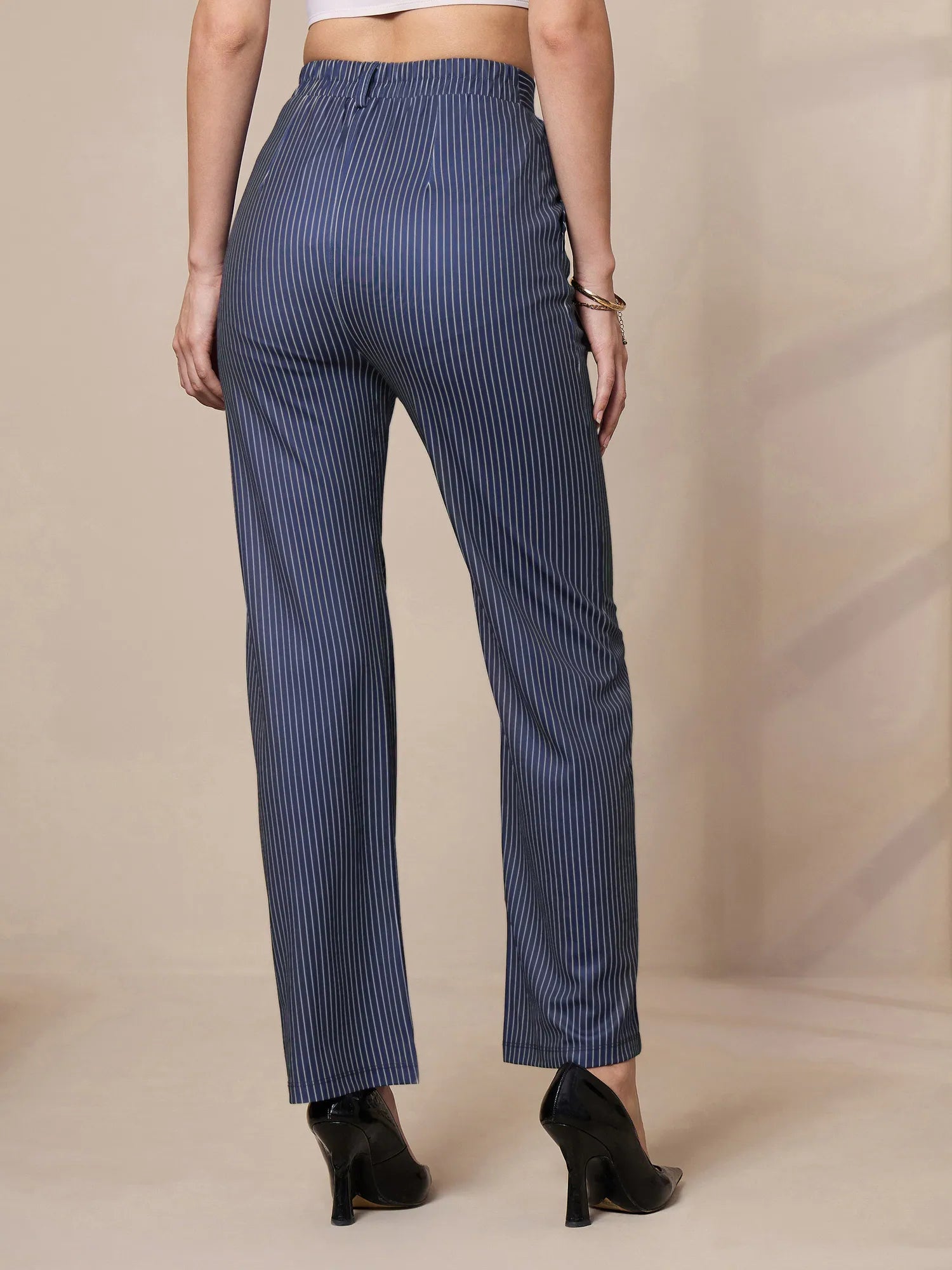 Navy Striped Straight Fit Trousers - Women's Stylish Bottoms