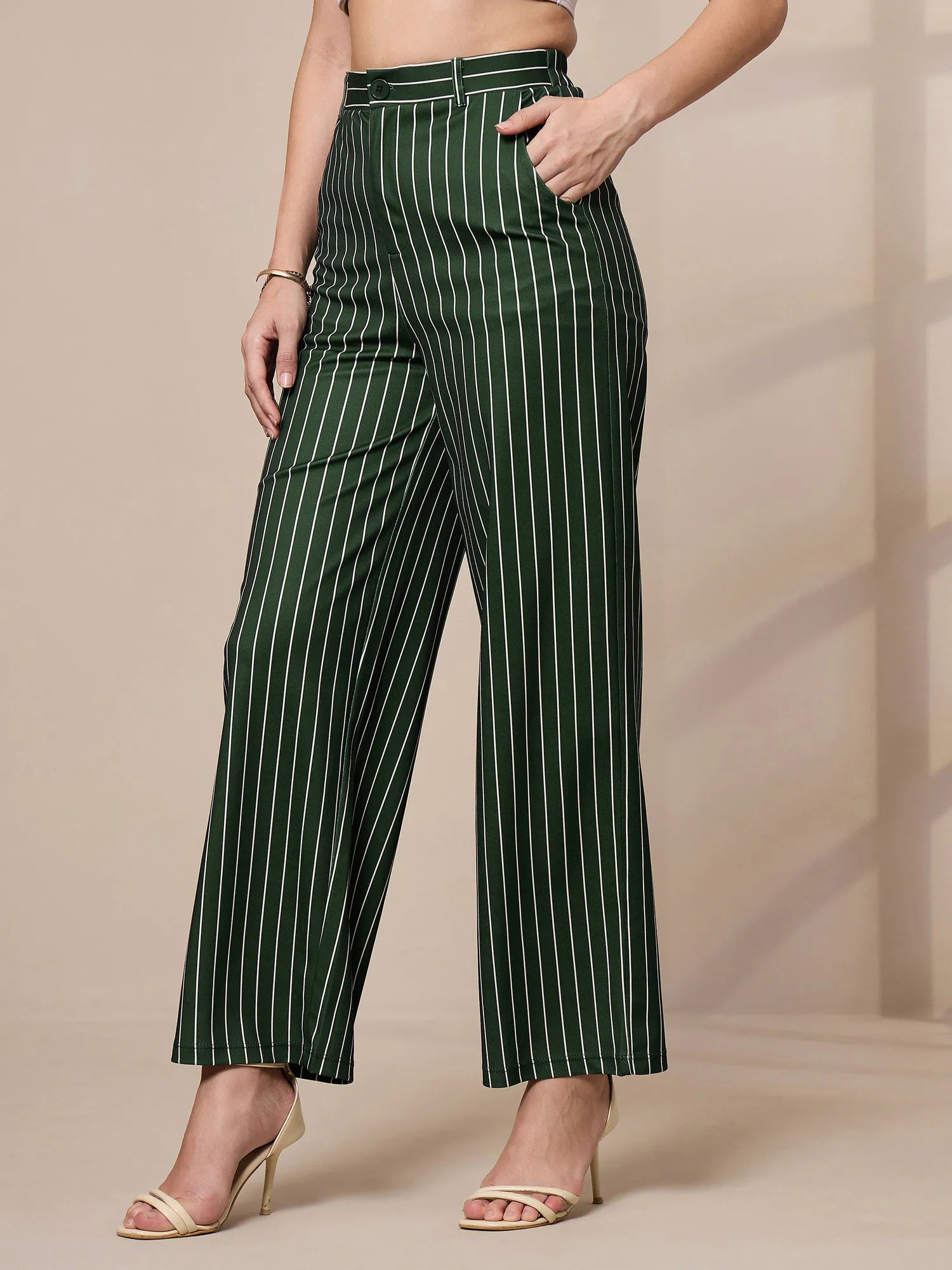 Green Striped Wide Leg Trousers | Women's Cotton Kurta Sets