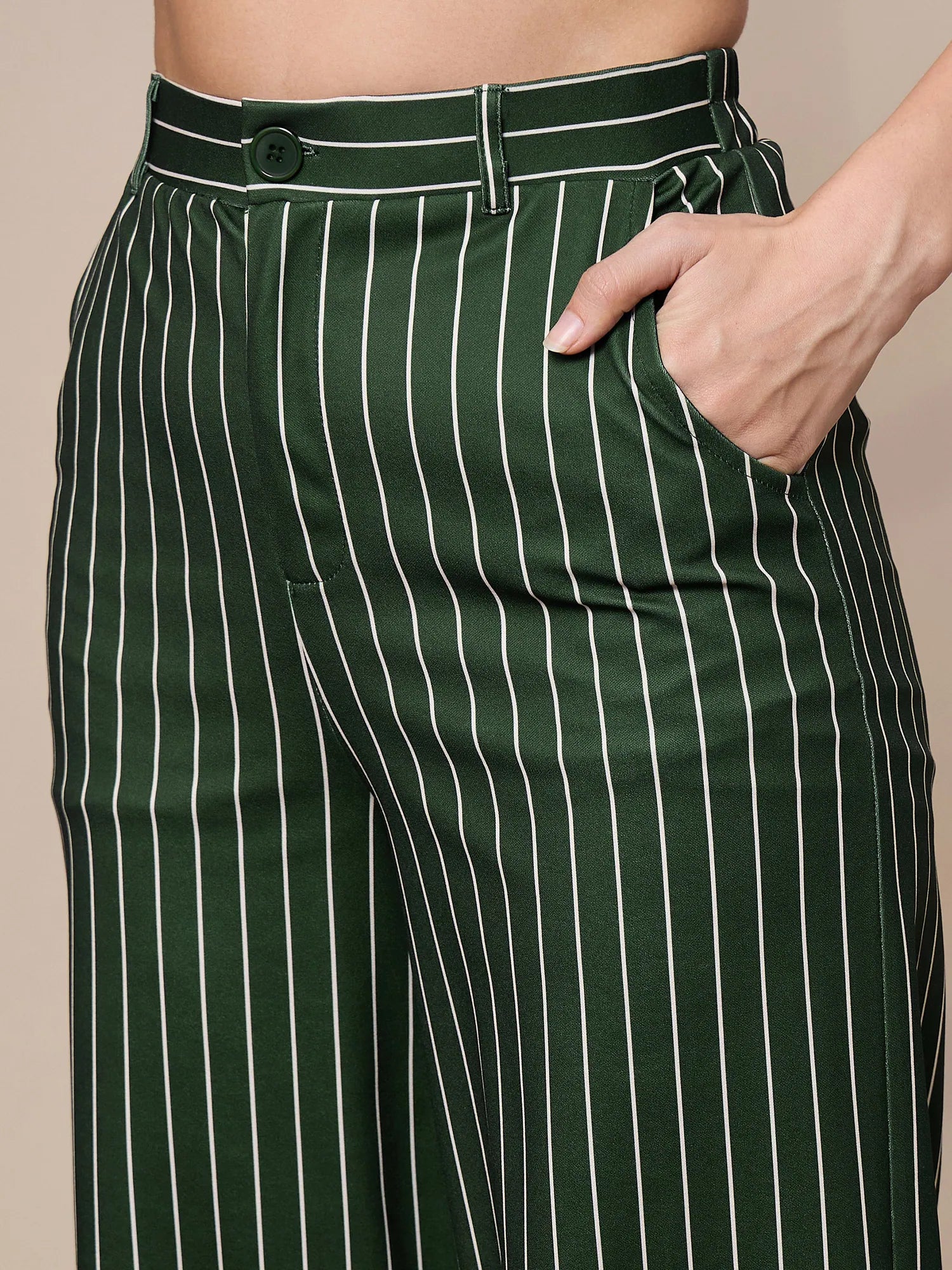 Green Striped Wide Leg Trousers | Women's Cotton Kurta Sets