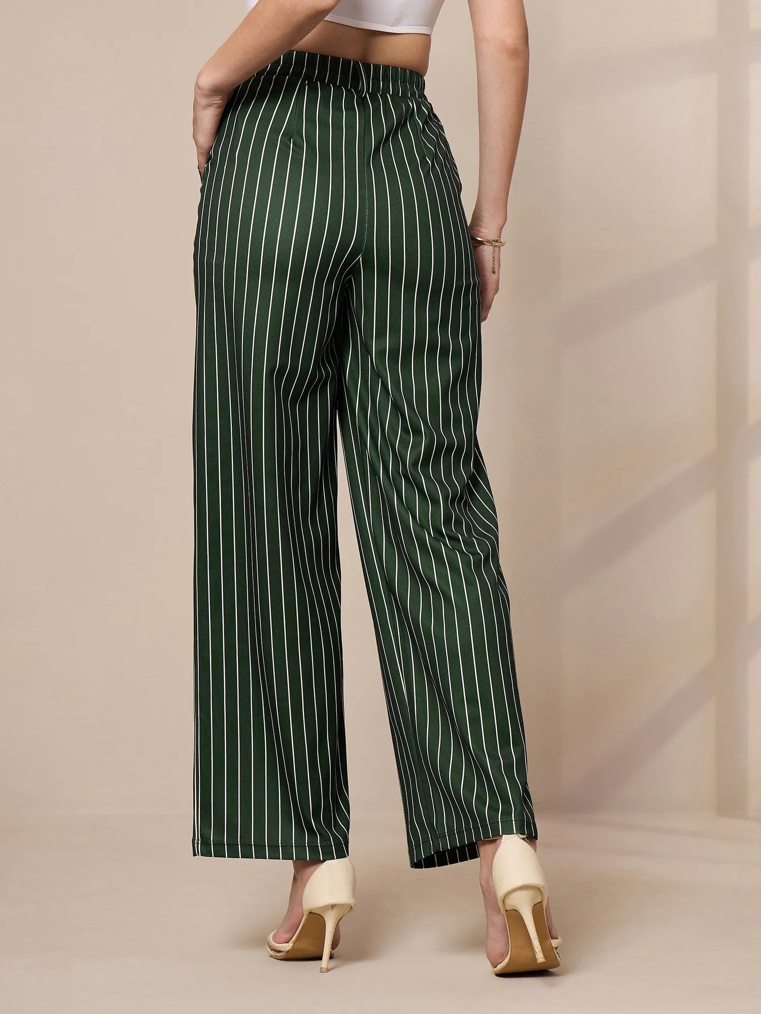 Green Striped Wide Leg Trousers | Women's Cotton Kurta Sets