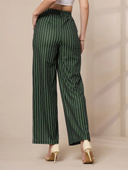 Women Green Striped Straight Wide Leg Trousers-SFPANT50903