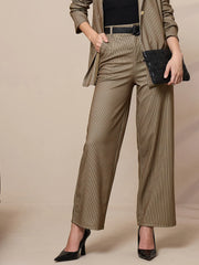 Women Beige Striped Straight Wide Leg Trousers-SFPANT50904