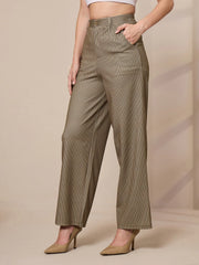 Women Beige Striped Straight Wide Leg Trousers-SFPANT50904