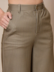 Women Beige Striped Straight Wide Leg Trousers-SFPANT50904