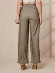 Women Beige Striped Straight Wide Leg Trousers-SFPANT50904
