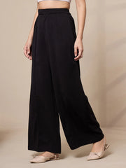 Women Black Pleated Wide Leg Trousers-SFPANT50908