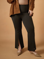 Women Brown Front Slit Detail Bell Bottom Pants-SFPANT50942