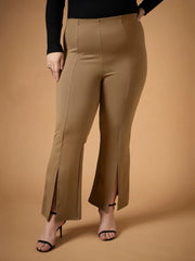 Women Beige Front Slit Detail Bell Bottom Pants-SFPANT50943