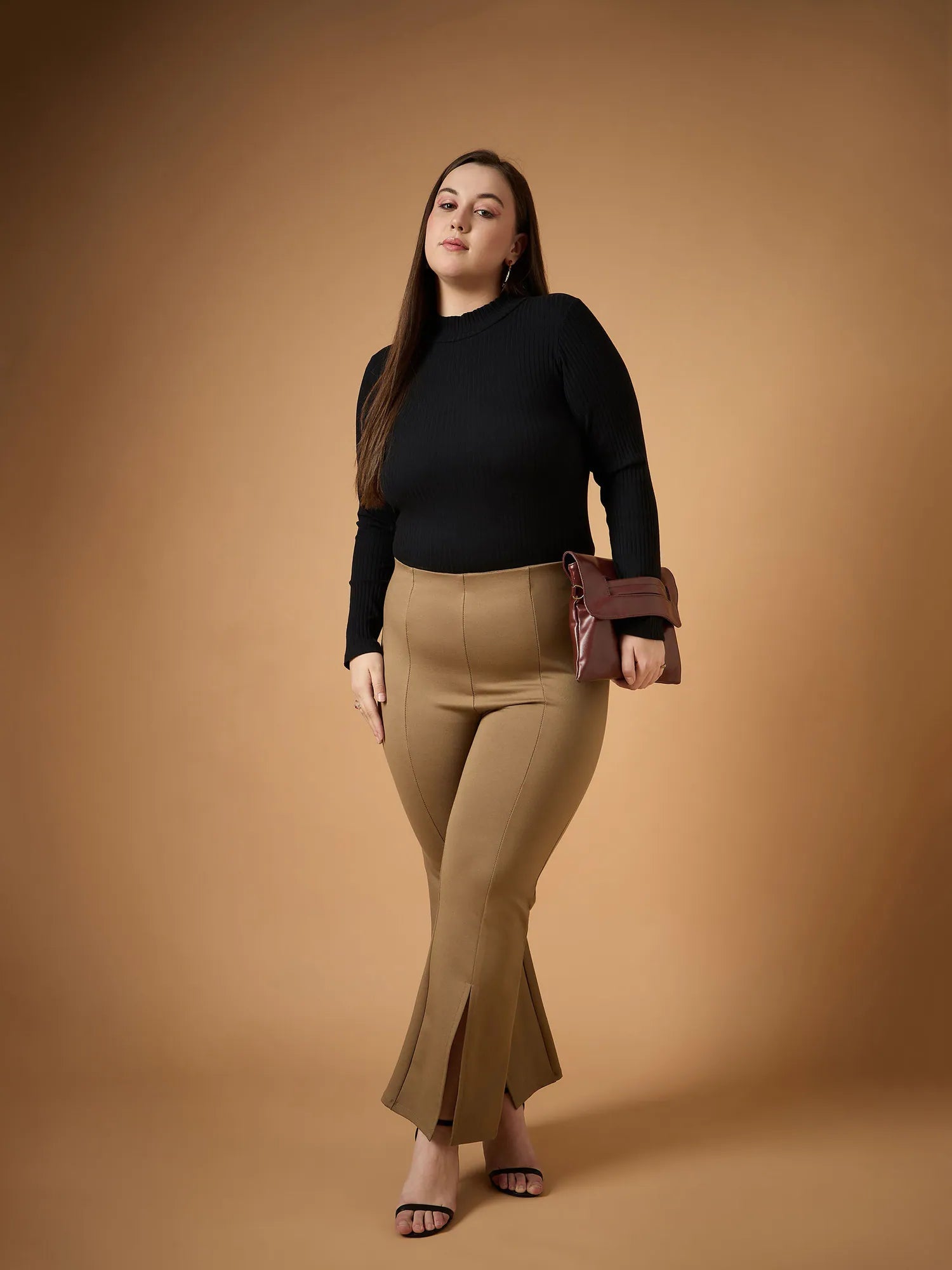 Beige Bell Bottom Pants with Slit | Women's Western Wear