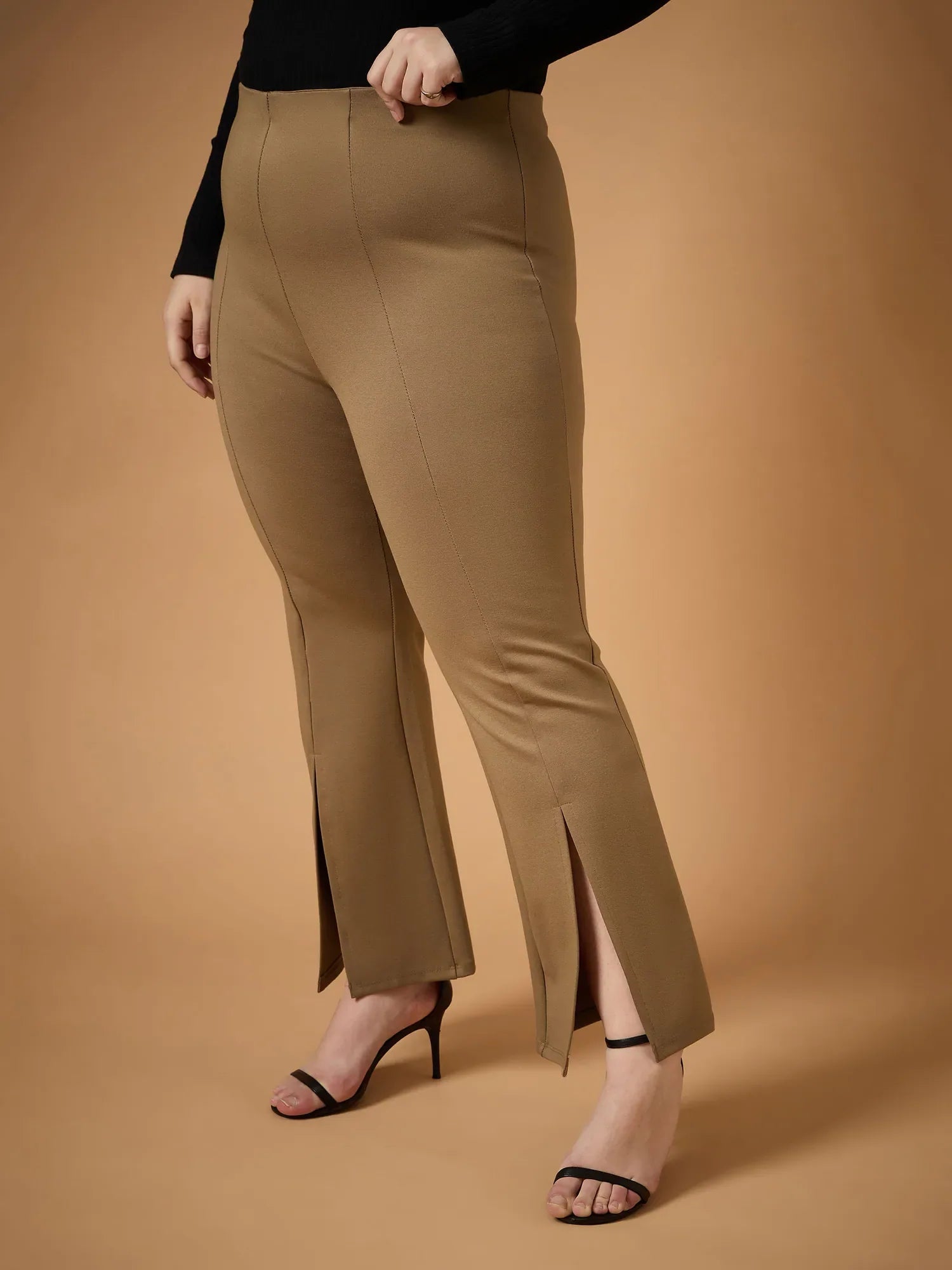 Beige Bell Bottom Pants with Slit | Women's Western Wear
