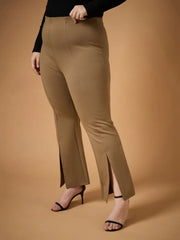Women Beige Front Slit Detail Bell Bottom Pants-SFPANT50943