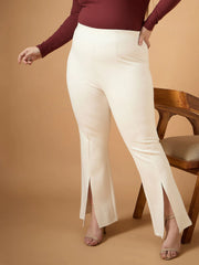 Women White Front Slit Detail Bell Bottom Pants-SFPANT50944