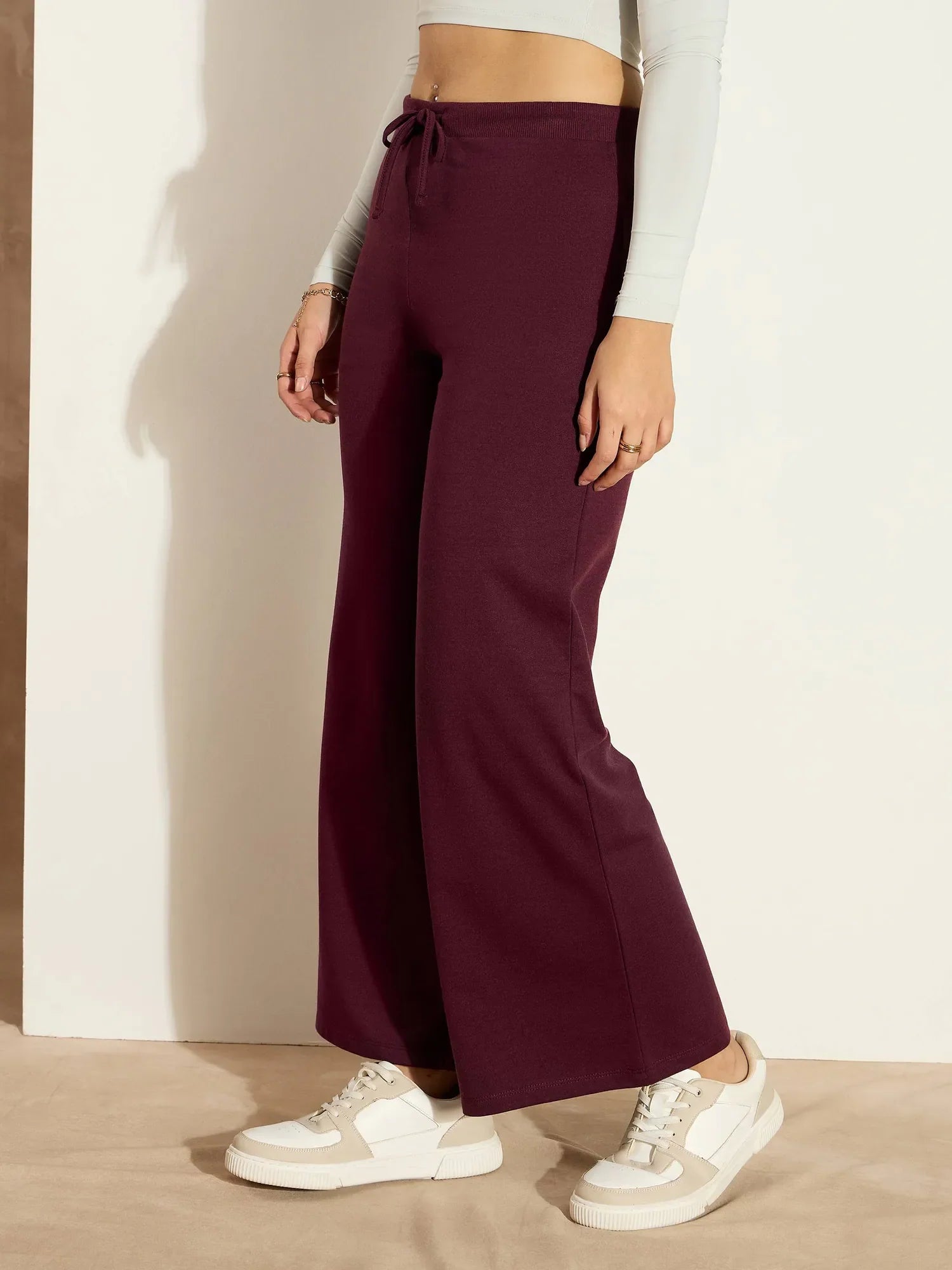 Burgundy Terry Wide Leg Pants - Women's Workout Pants Activewear