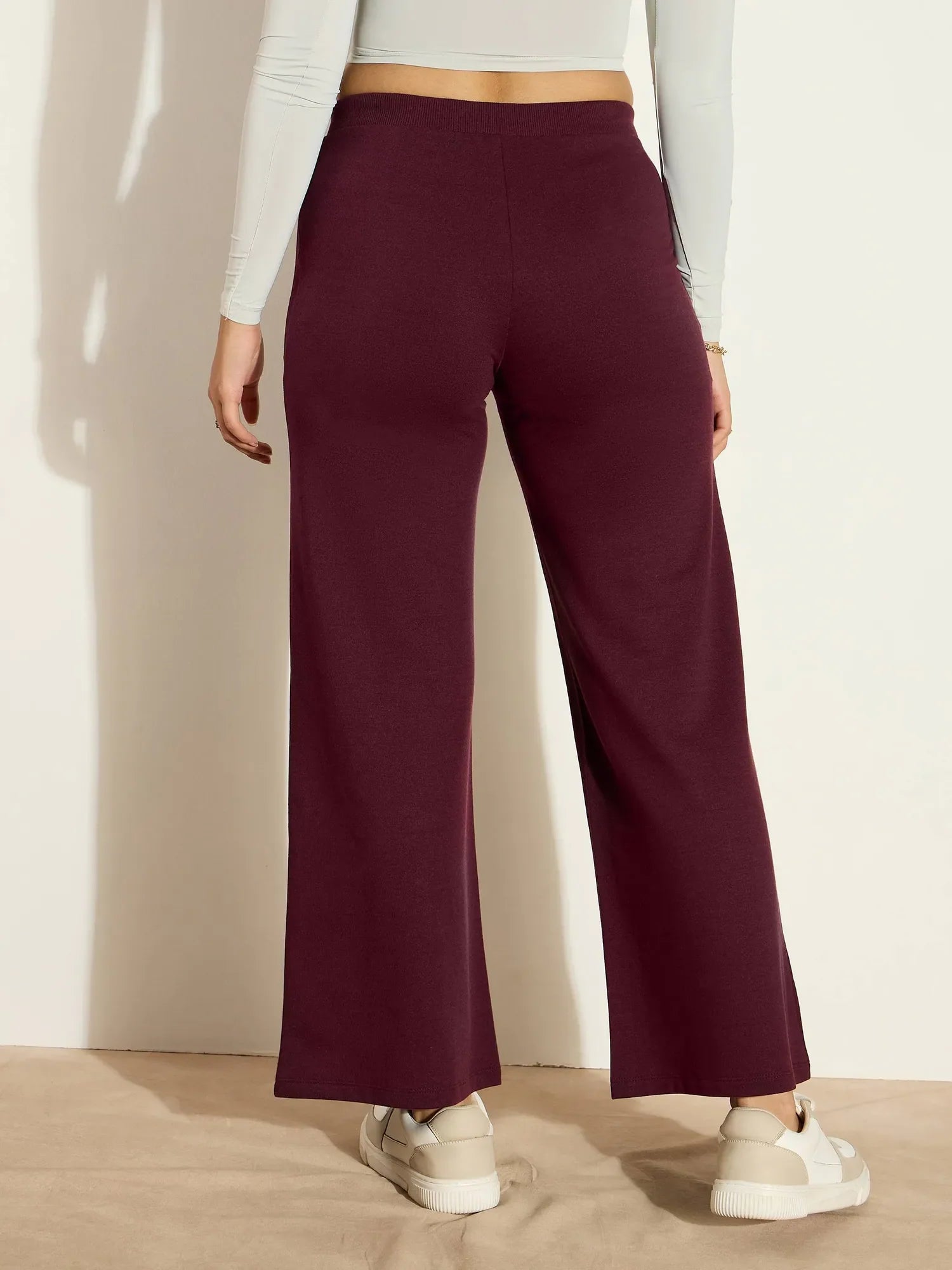 Burgundy Terry Wide Leg Pants - Women's Workout Pants Activewear