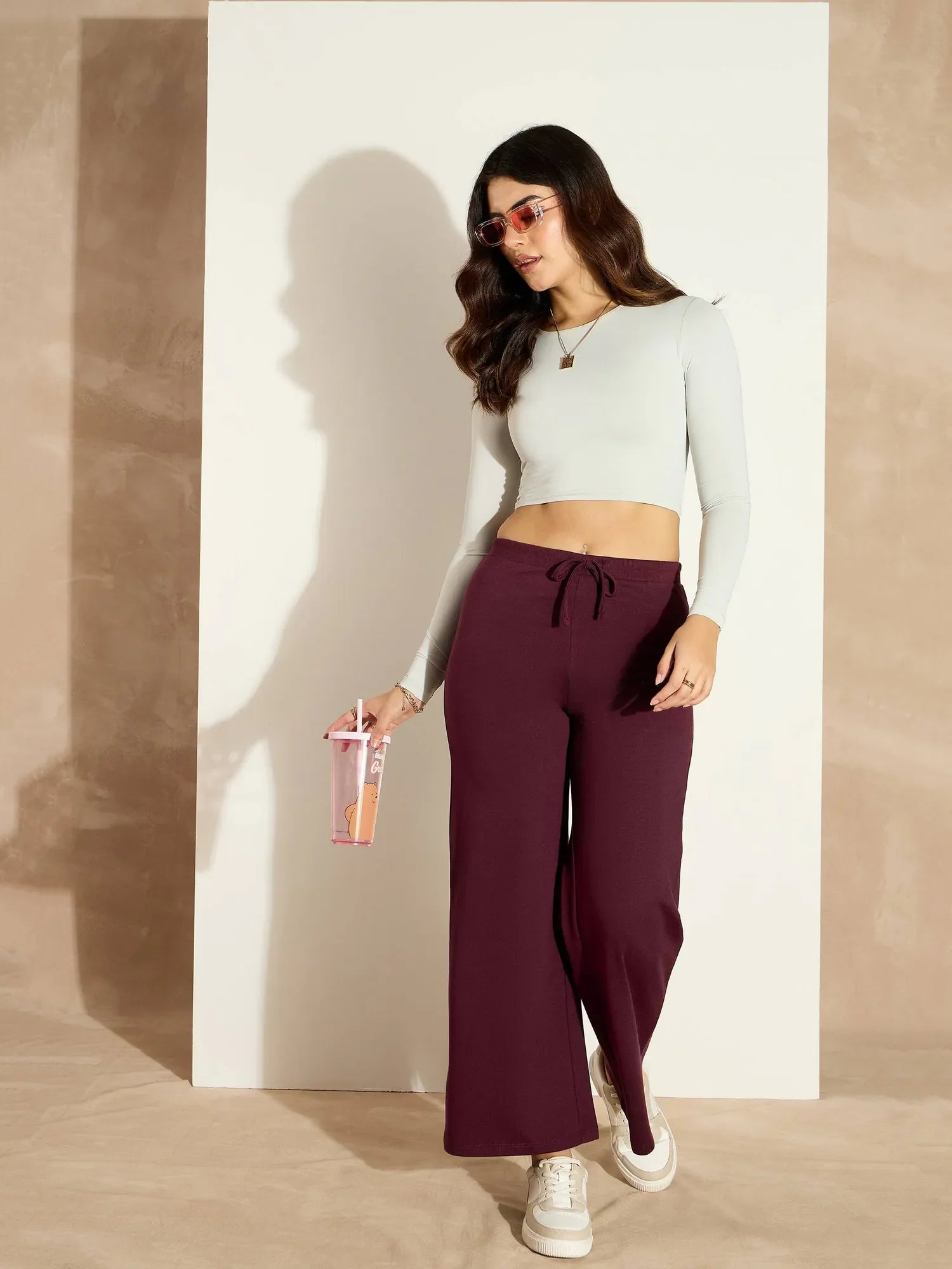 Burgundy Terry Wide Leg Pants - Women's Workout Pants Activewear