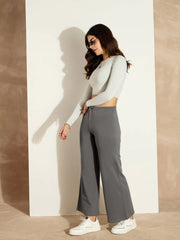 Women Dark Grey Terry Wide Leg Drawstring Pants-SFPANT50958