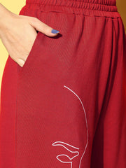 Women Red Terry Line Art Track Pants-SFPANT50962