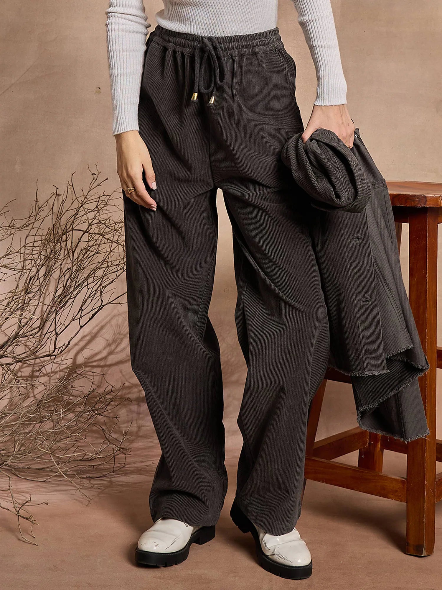 Dark Grey Corduroy Pants - Women's Western Clothing