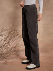 Women Dark Grey Corduroy Straight Pants-SFPANT50966