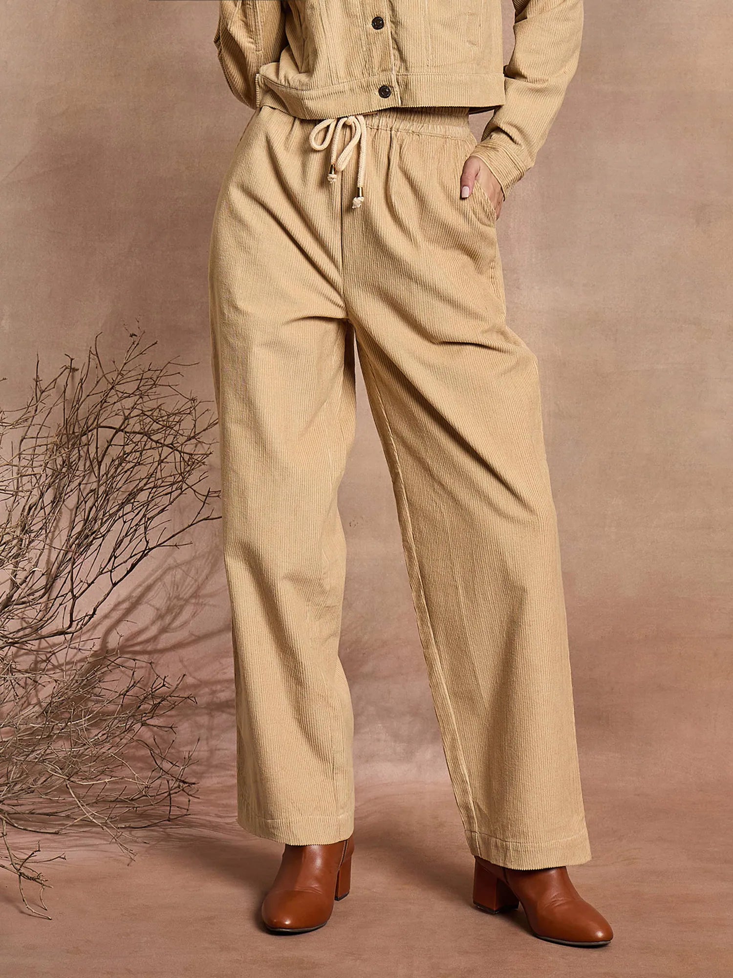 Beige Corduroy Straight Women's Western Clothing Pants
