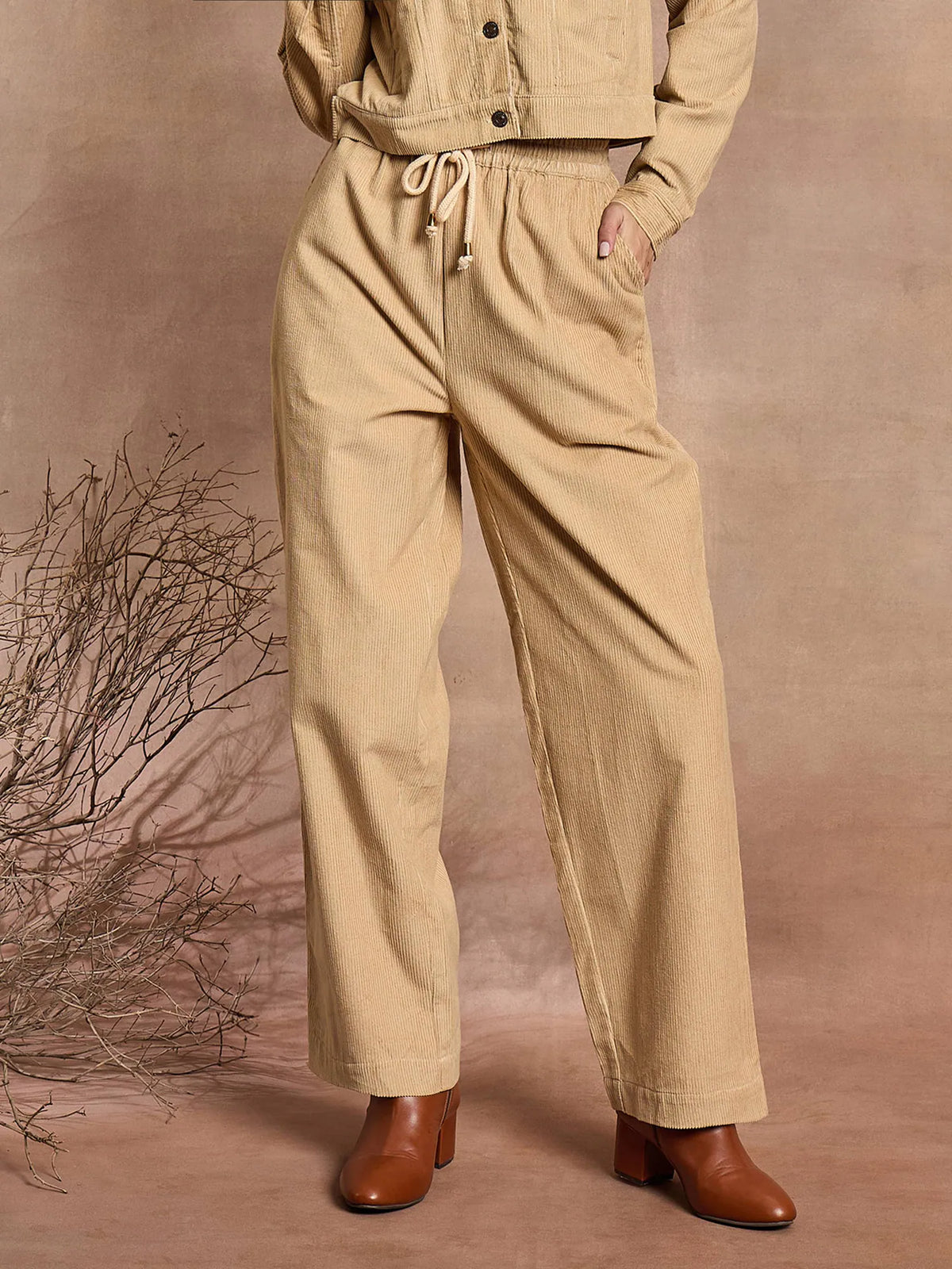 Women Beige Corduroy Straight Pants-SFPANT50967