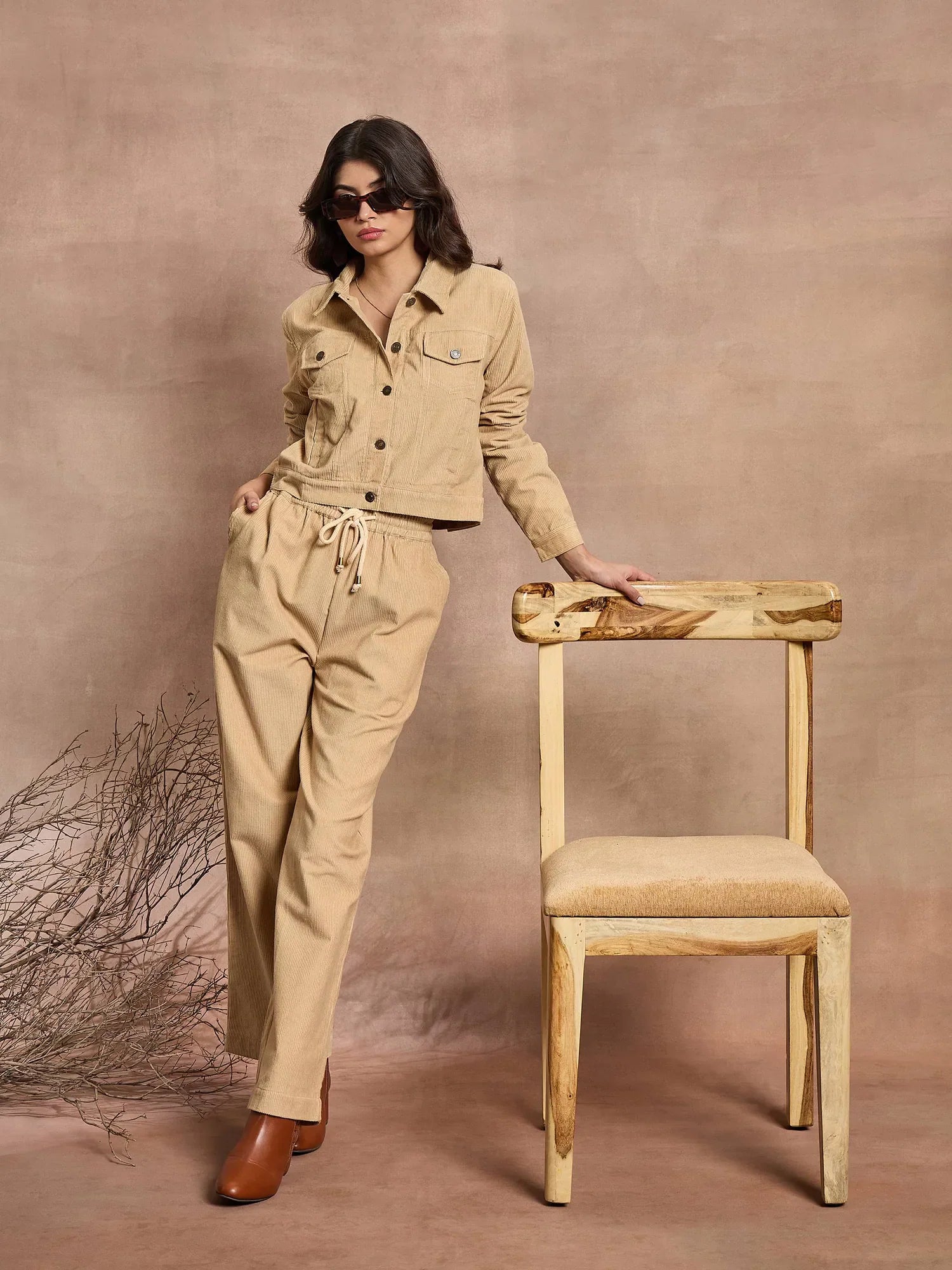 Beige Corduroy Straight Women's Western Clothing Pants