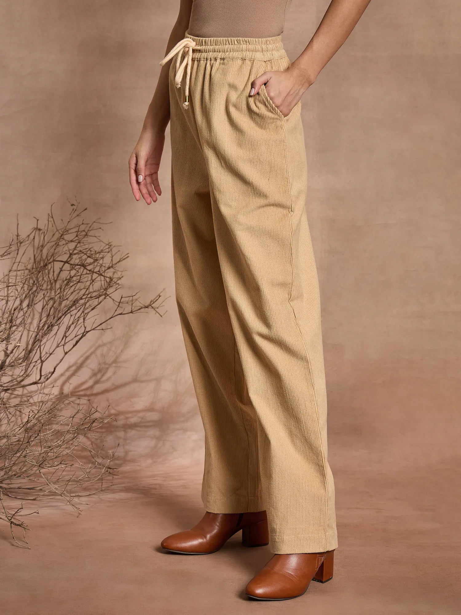 Beige Corduroy Straight Women's Western Clothing Pants
