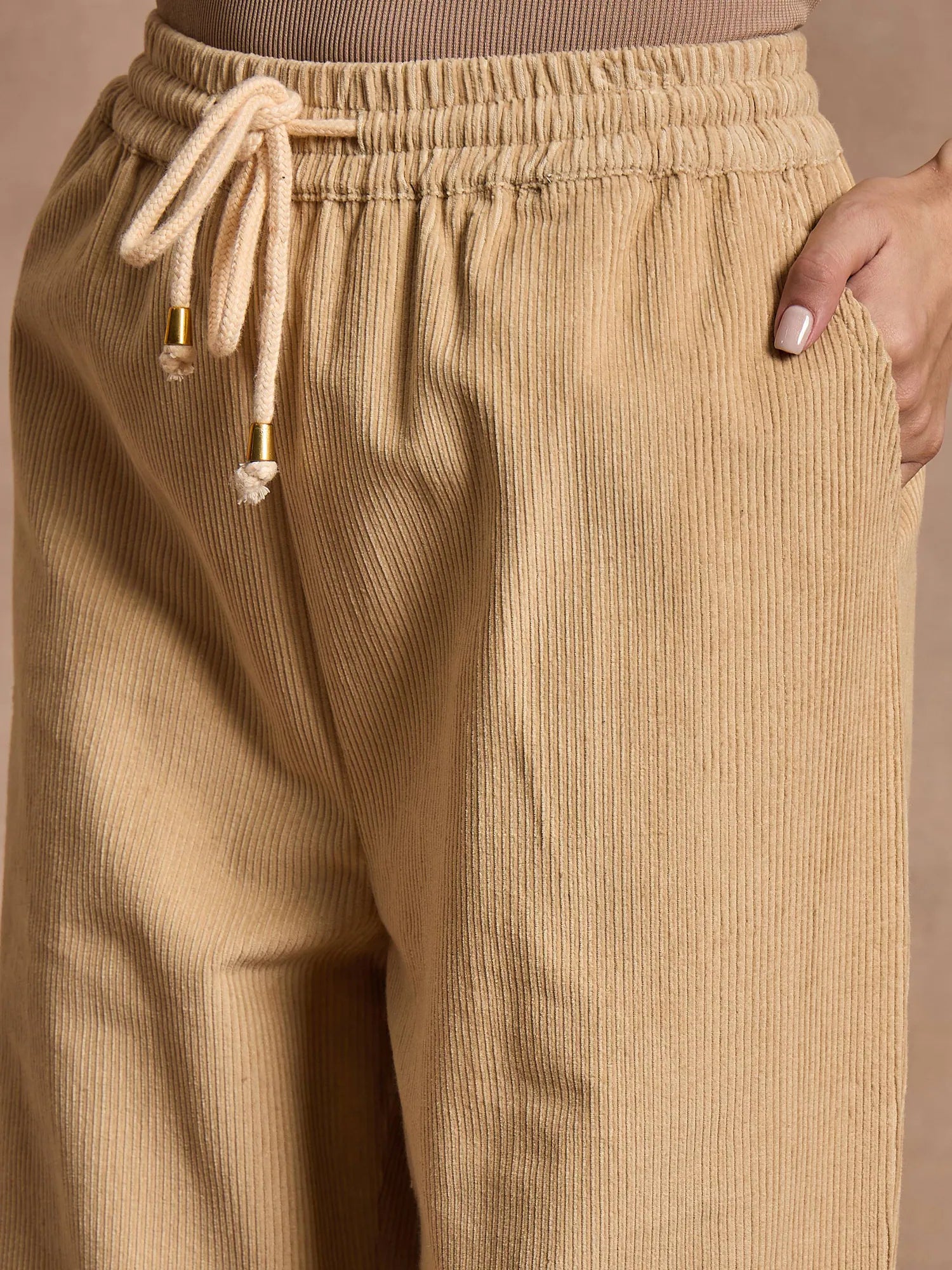 Beige Corduroy Straight Women's Western Clothing Pants