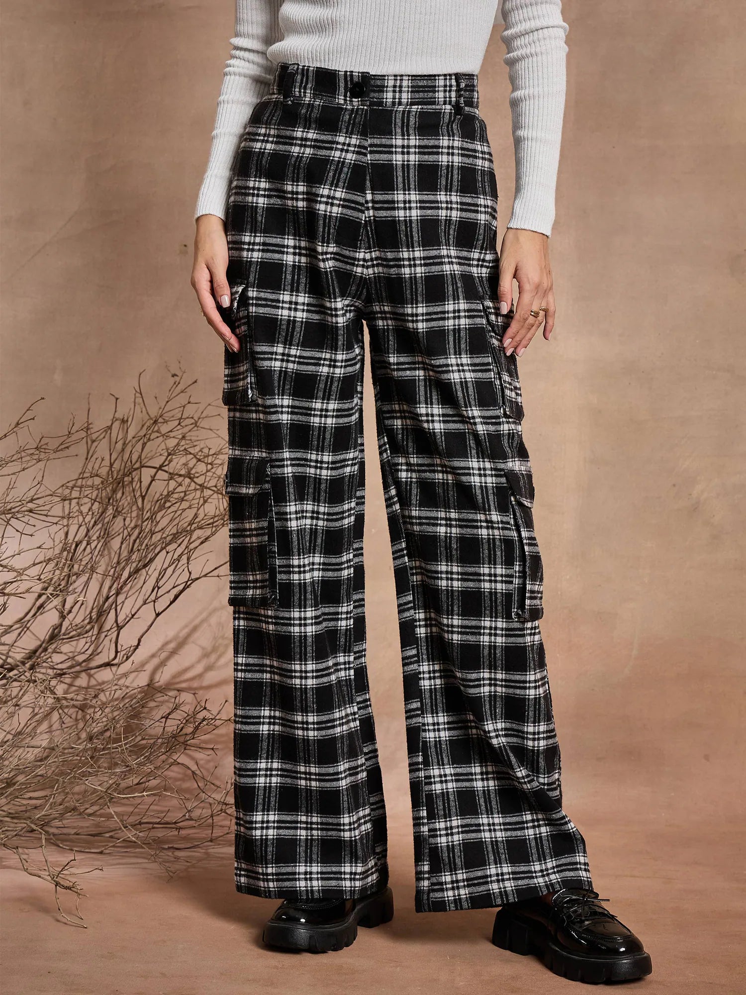 Black Check Cargo Pants - Women's Straight Fit Cotton Pants