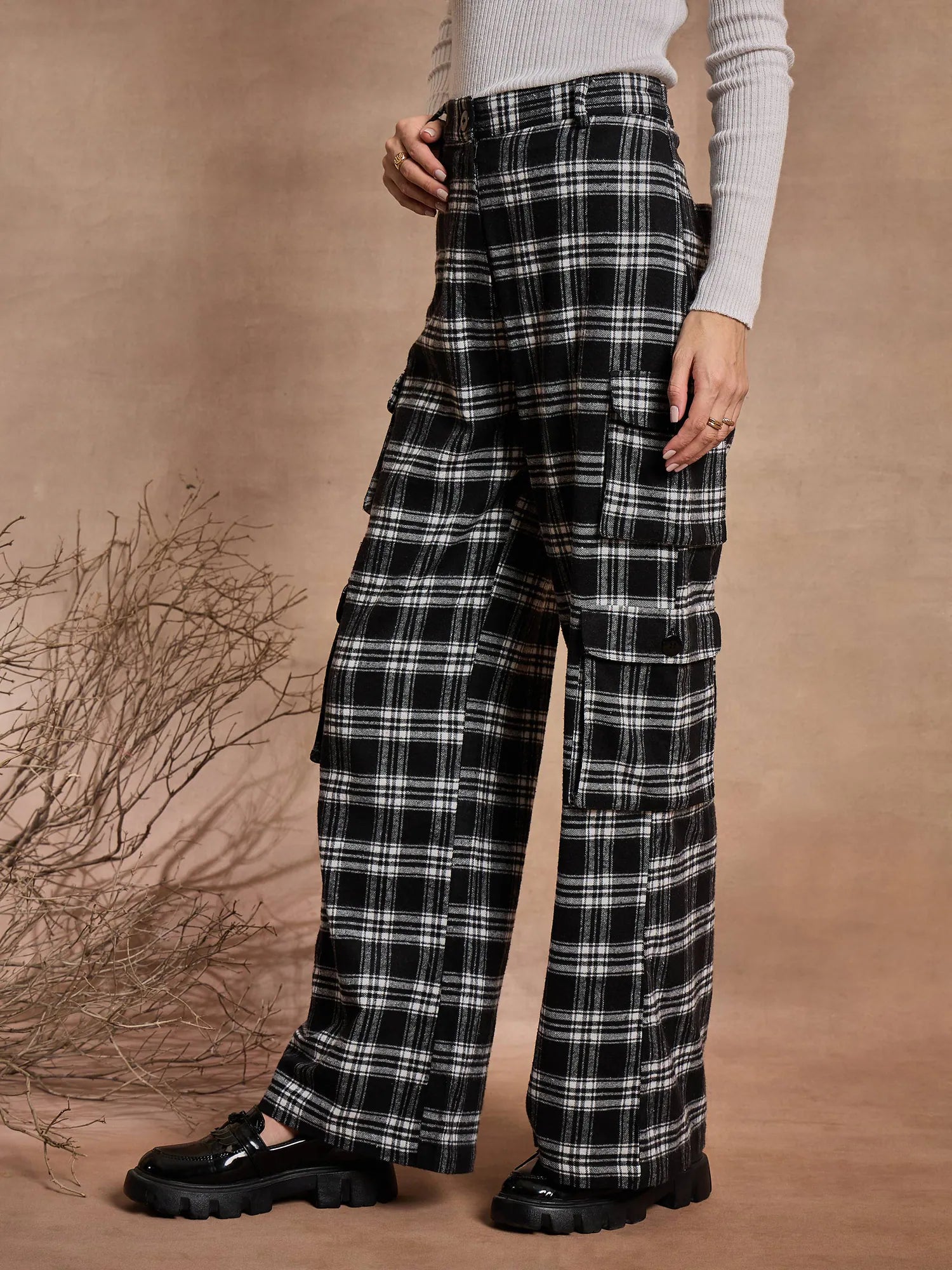 Black Check Cargo Pants - Women's Straight Fit Cotton Pants