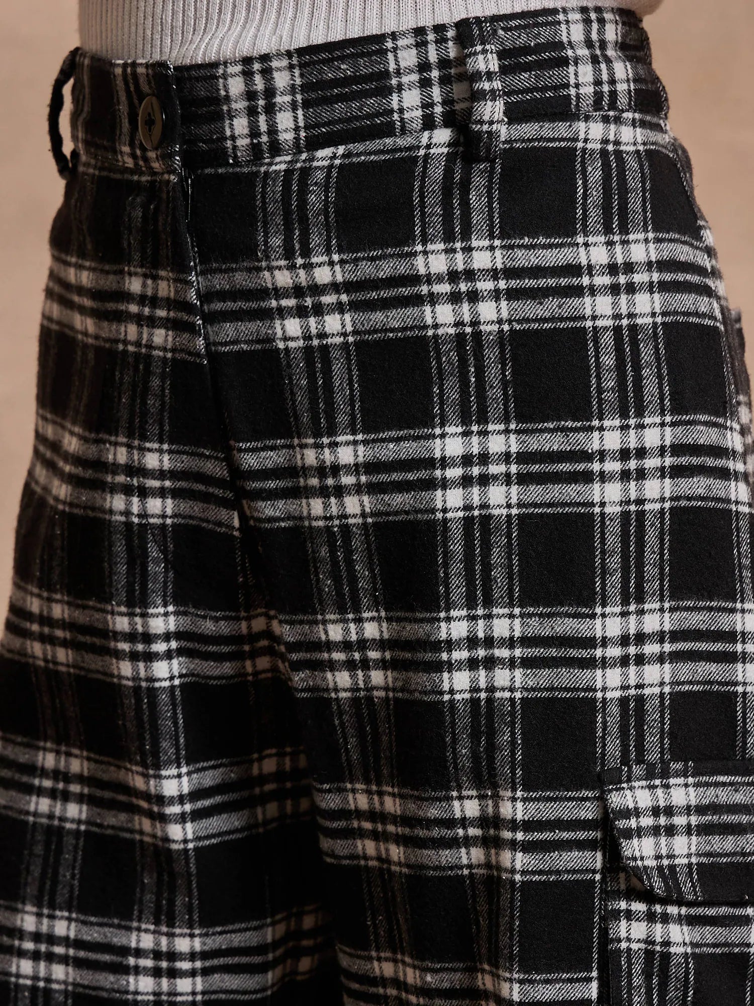 Black Check Cargo Pants - Women's Straight Fit Cotton Pants