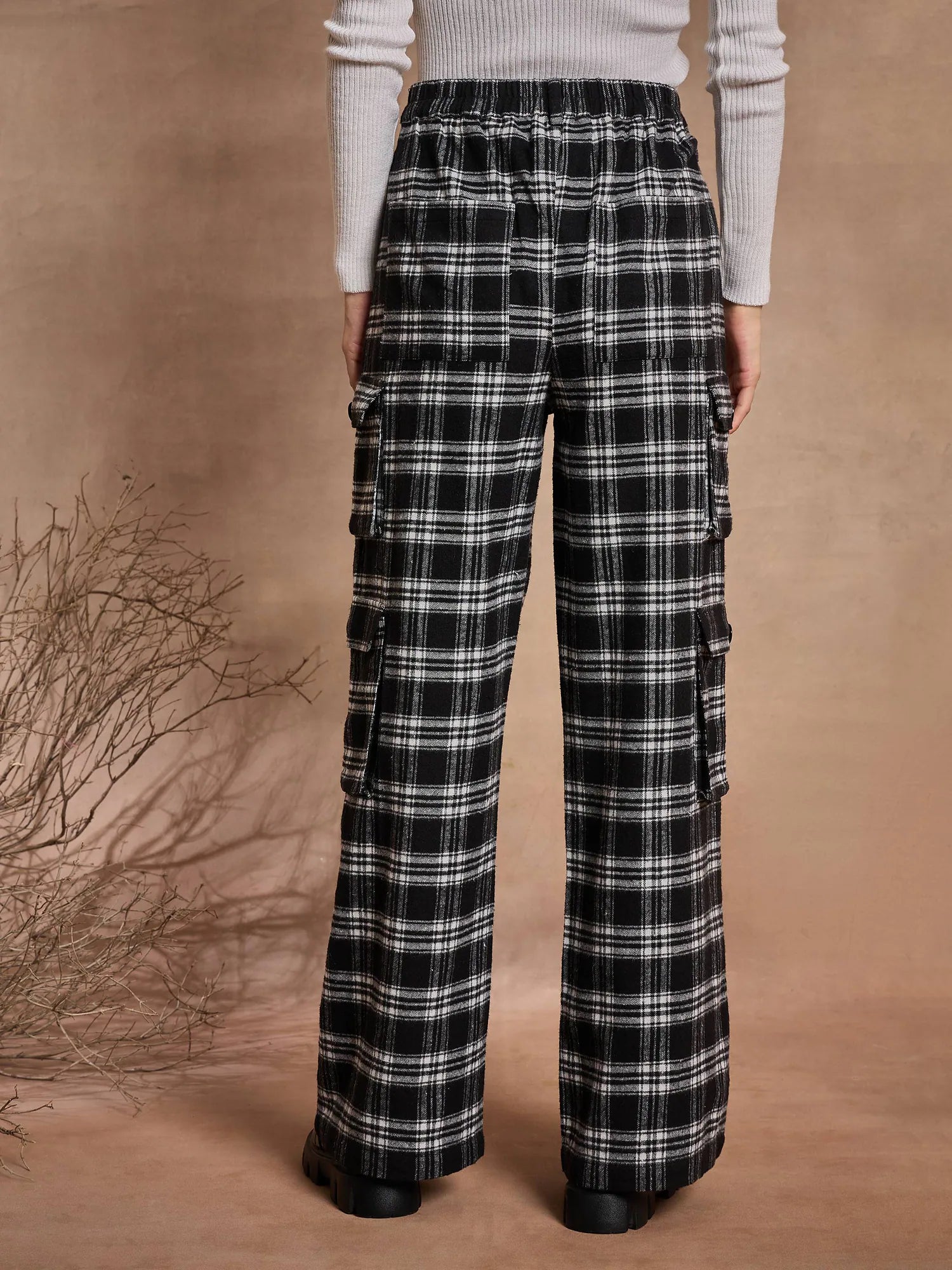 Black Check Cargo Pants - Women's Straight Fit Cotton Pants