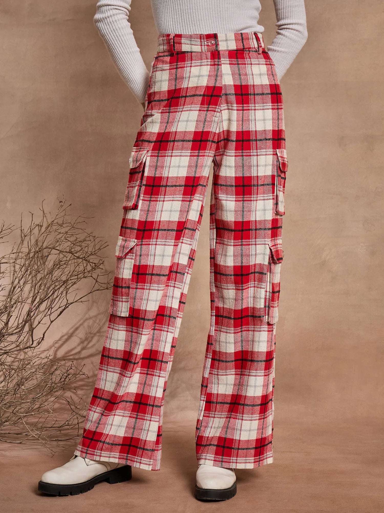 Red & White Check Cargo Pants | Women's Western Clothing