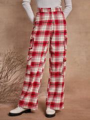 Women Red & White Check Straight Fit Cargo Pants-SFPANT50971