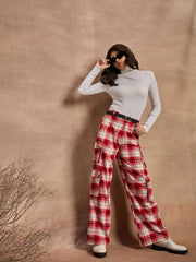 Women Red & White Check Straight Fit Cargo Pants-SFPANT50971