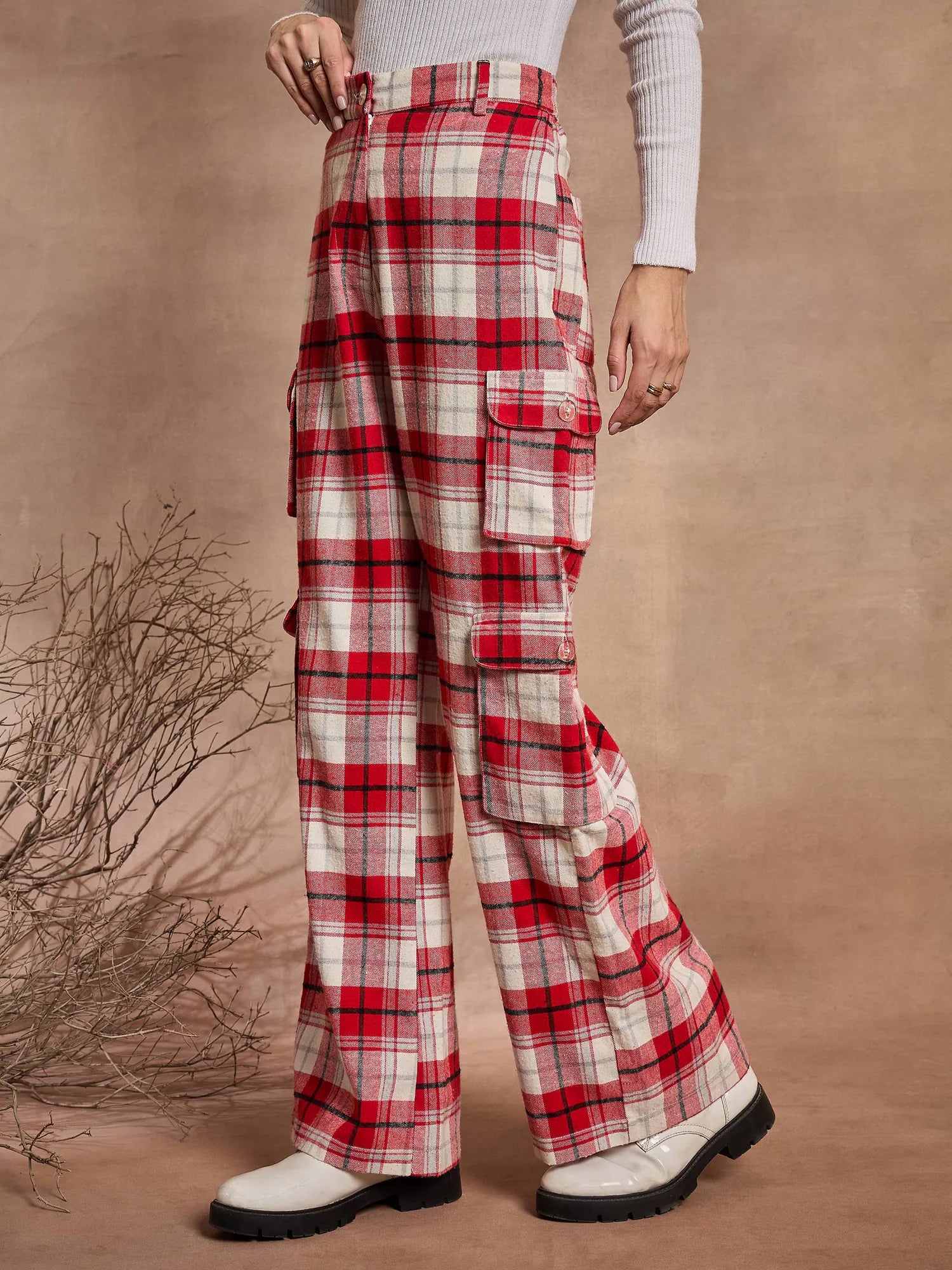 Red & White Check Cargo Pants | Women's Western Clothing