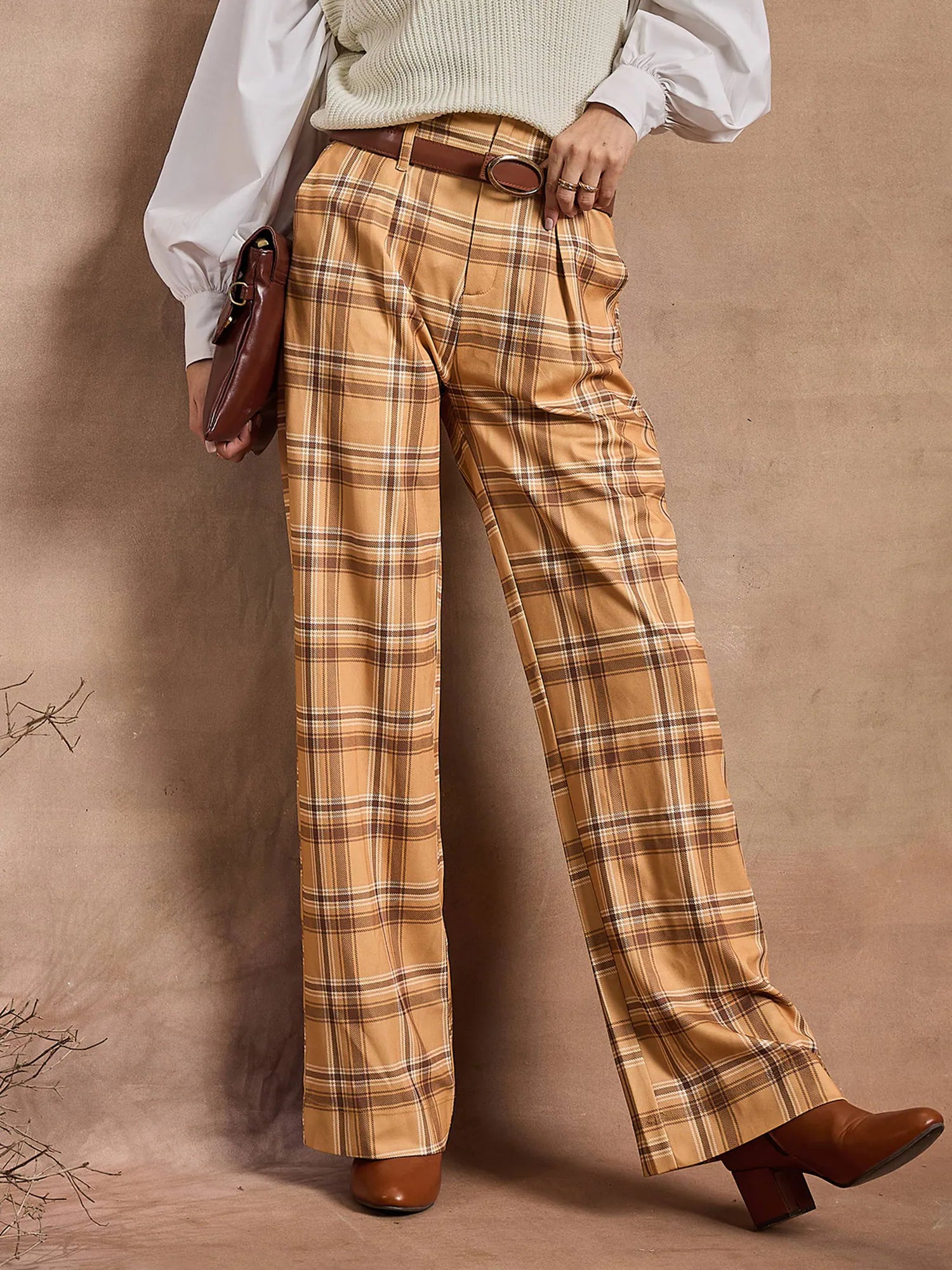 Beige Check High Rise Wide Leg Women's Western Wear Pants