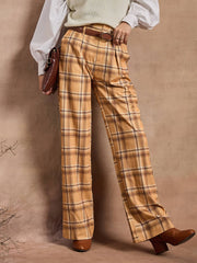 Women Beige Check High Rise Wide Leg Pants-SFPANT50975