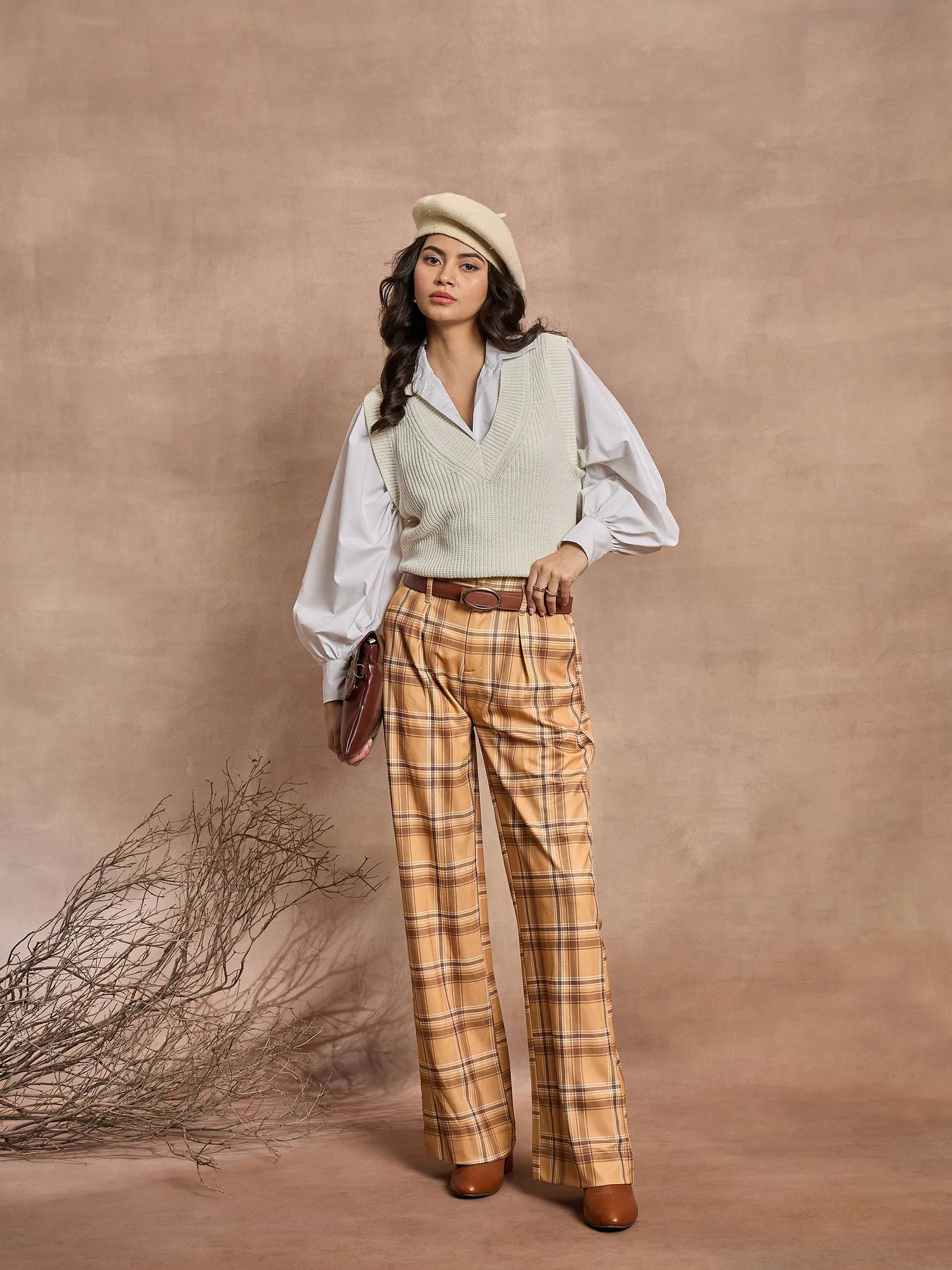 Beige Check High Rise Wide Leg Women's Western Wear Pants