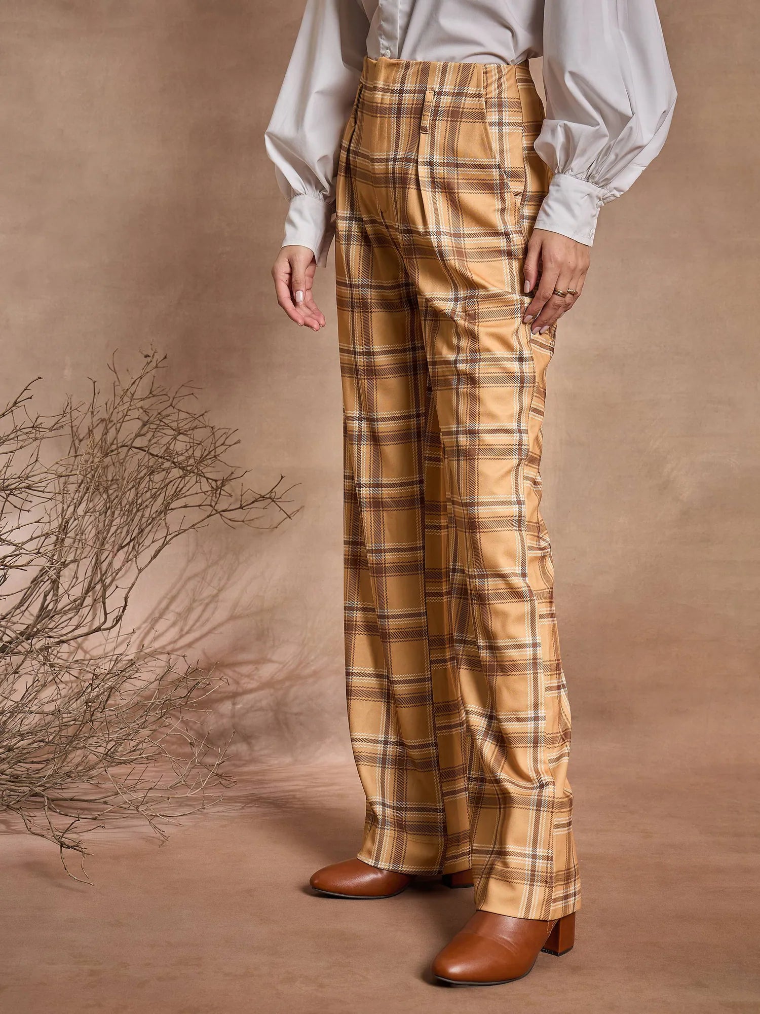 Beige Check High Rise Wide Leg Women's Western Wear Pants