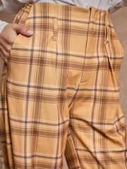 Women Beige Check High Rise Wide Leg Pants-SFPANT50975