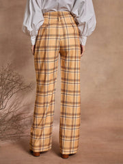 Women Beige Check High Rise Wide Leg Pants-SFPANT50975