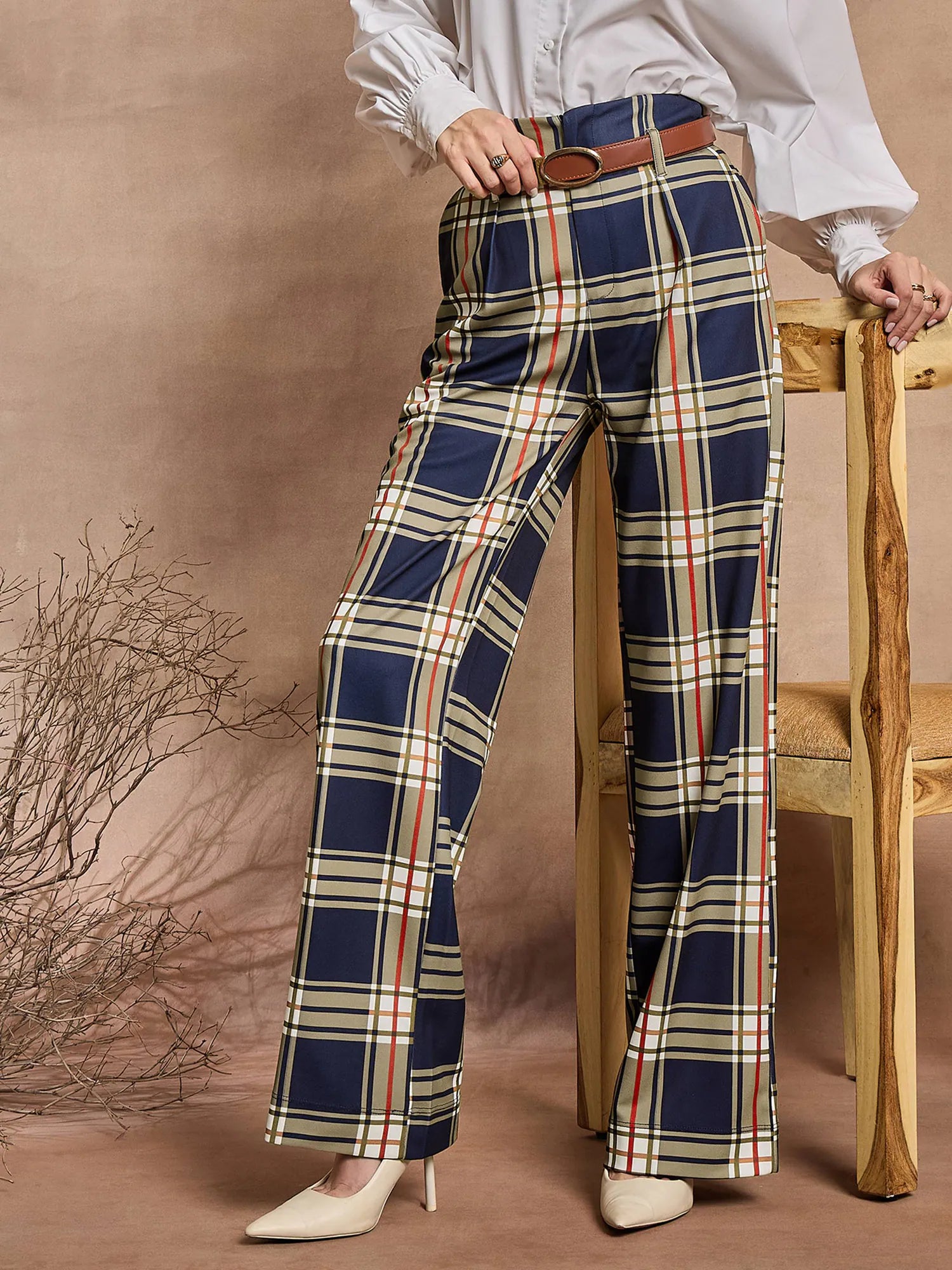 Women's Western Wear: Navy Check High Rise Wide Leg Pants