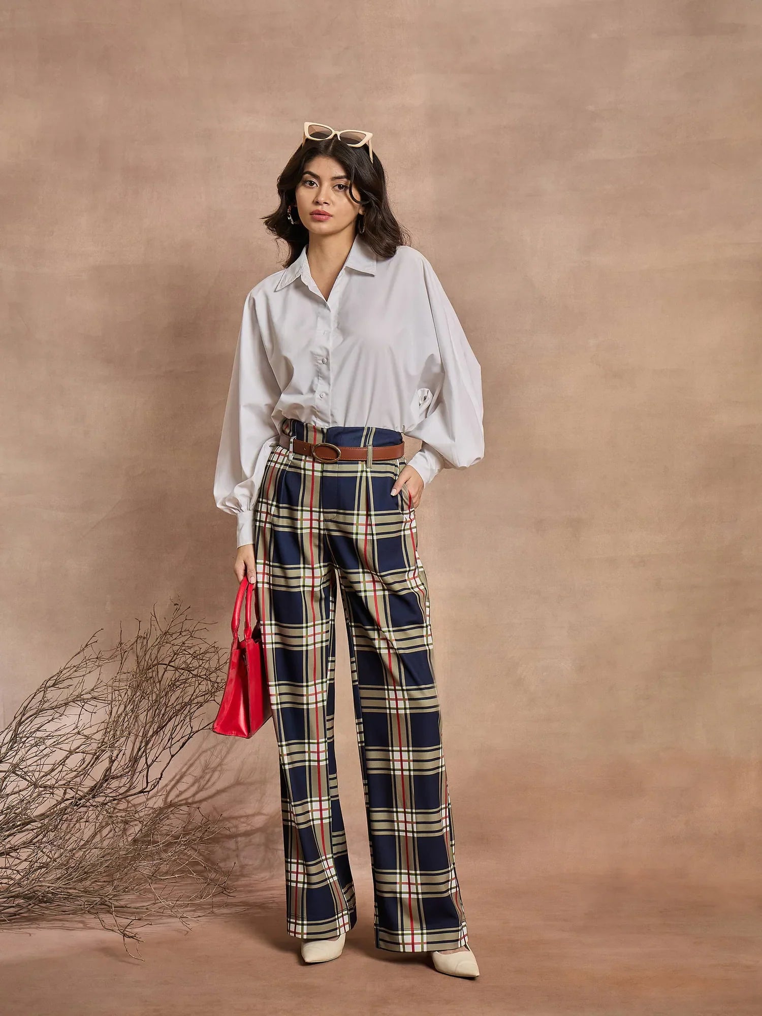 Women's Western Wear: Navy Check High Rise Wide Leg Pants