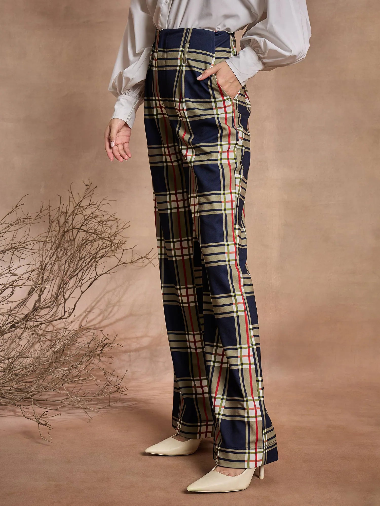 Women's Western Wear: Navy Check High Rise Wide Leg Pants