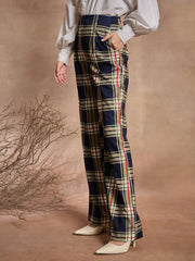 Women Navy Blue Check High Rise Wide Leg Pants-SFPANT50976