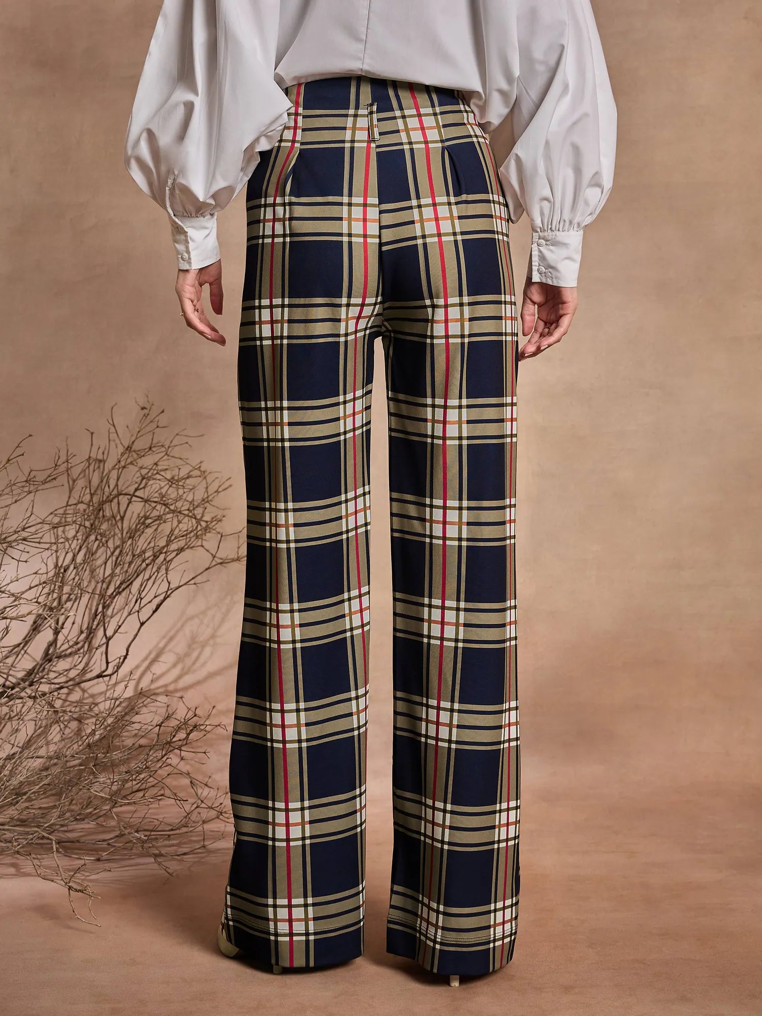 Women's Western Wear: Navy Check High Rise Wide Leg Pants