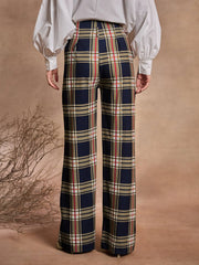 Women Navy Blue Check High Rise Wide Leg Pants-SFPANT50976
